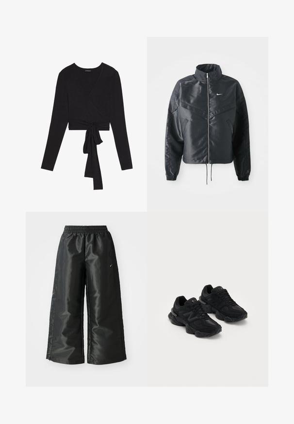 Casaco preto curto com colarinho alto, fecho de zip, punhos em elastano e um logótipo Nike branco. Tecido suave e brilhante com uma superfície ligeiramente texturizada.; Even&Odd Camisola de manga comprida - black; Calças atléticas pretas com um tecido brilhante e suave, apresentando uma cintura elástica, pernas largas e um pequeno logotipo do lado esquerdo.; Sapatilhas atléticas pretas com um topo texturizado, apresentando um proeminente logo "N", sola almofadada e um silhueta elegante e moderna.