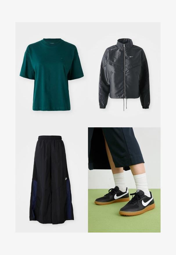 Melna apgriezta jaka ar augstu apkakli, rāvējslēdzēja aizdari, elastīna aprocēm un baltu Nike logo. Gluda, spīdīga auduma ar nedaudz teksturētu virsmu.; Tumši zaļš īsām piedurknēm T-krekls, izgatavots no kokvilnas, ar apaļu apkakli un mazu logotipu kreisajā krūšu daļā. Vienkāršs dizains.; Melni plata kāju bikses no viegla auduma, ar tumši zilu sānu paneli un elastīgu jostu. Mazs balts logotips apakšā.; Melna āda un sintētiska materiāla sporta apavi ar baltu Nike logo, gumijas zole, apaļa purngala forma un melni šņores. Redzamas ribotas baltas zeķes.