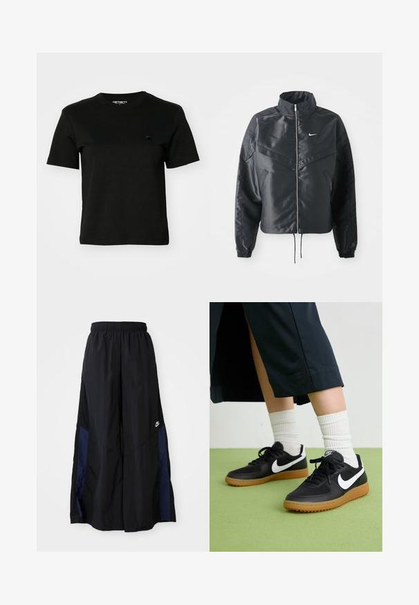 Sort cropped jakke med høj krave, lynlås lukning, elastiske manchetter og et hvidt Nike-logo. Glat, blankt stof med en let struktureret overflade.; Sort T-shirt lavet af bomuld. Korte ærmer og rund halsudskæring. Har et lille, mørkt logo på venstre bryst. Enkel, klassisk design.; Sorte vide benbukser lavet af letvægtsstof, med et marineblåt sidepanel og en elastisk talje. Lille hvidt logo nederst.; Sorte læder- og syntetiske sneakers med hvid Nike swoosh, gummisål, rund tå og sorte snørebånd. Ribbede hvide sokker synlige.