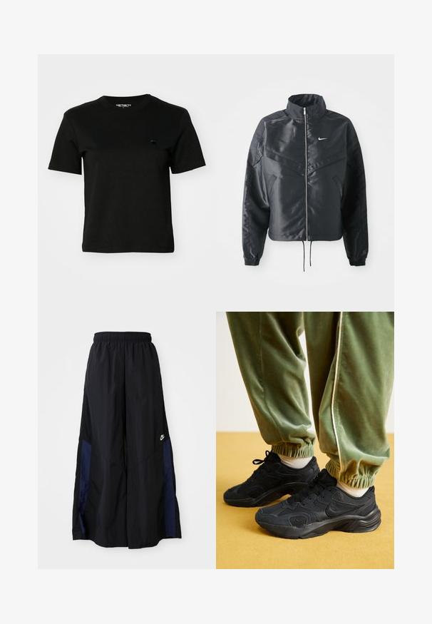 Černá zkrácená bunda s vysokým límcem, zipovým zapínáním, elastickými manžetami a bílým logem Nike. Hladká, lesklá látka s mírně strukturovaným povrchem.; Černé tričko vyrobené z bavlny. Krátké rukávy a kulatý výstřih. Obsahuje malé tmavé logo na levé straně hrudi. Jednoduchý, klasický design.; Černé kalhoty širokého střihu vyrobené z lehkého materiálu, s námořnickou modrou bočním panelem a elastickým pasem. Malé bílé logo na spodní části.; Černé sportovní tenisky s síťovinou a syntetickými překryvy, s texturovanou podrážkou, spárované se zelenými tepláky s elastickými manžetami, na žlutém povrchu.
