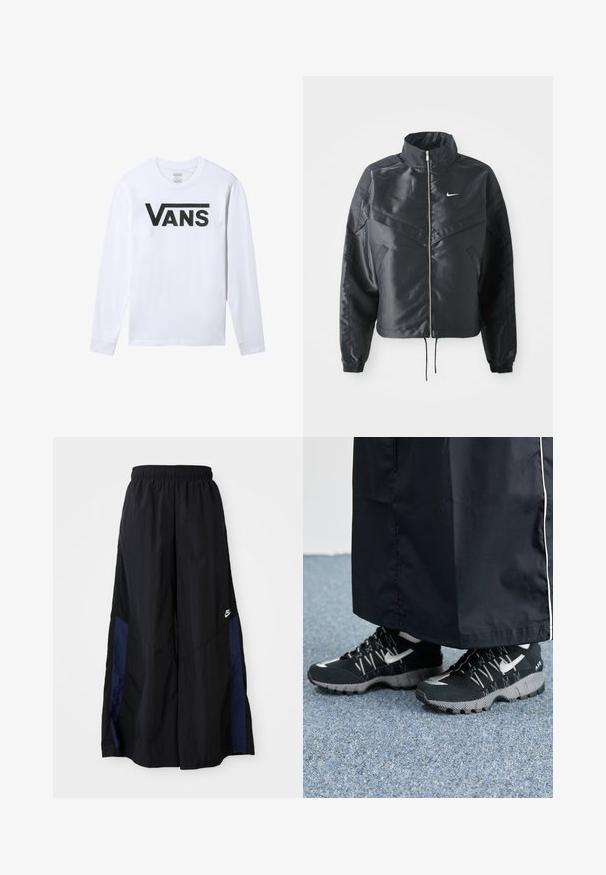 Black cropped jacket with high collar, zip closure, elastane cuffs, and a white Nike logo. Smooth, shiny fabric with a slightly textured surface.; White long-sleeve t-shirt with black Vans logo centered on the chest, crew neckline, and ribbed cuffs.; Black wide-leg pants made of lightweight fabric, featuring a navy blue side panel and an elastic waistband. Small white logo on bottom.; Black athletic shoes with a textured upper, silver accents, and a patterned outsole, paired with a black long garment. Set against blue carpet.