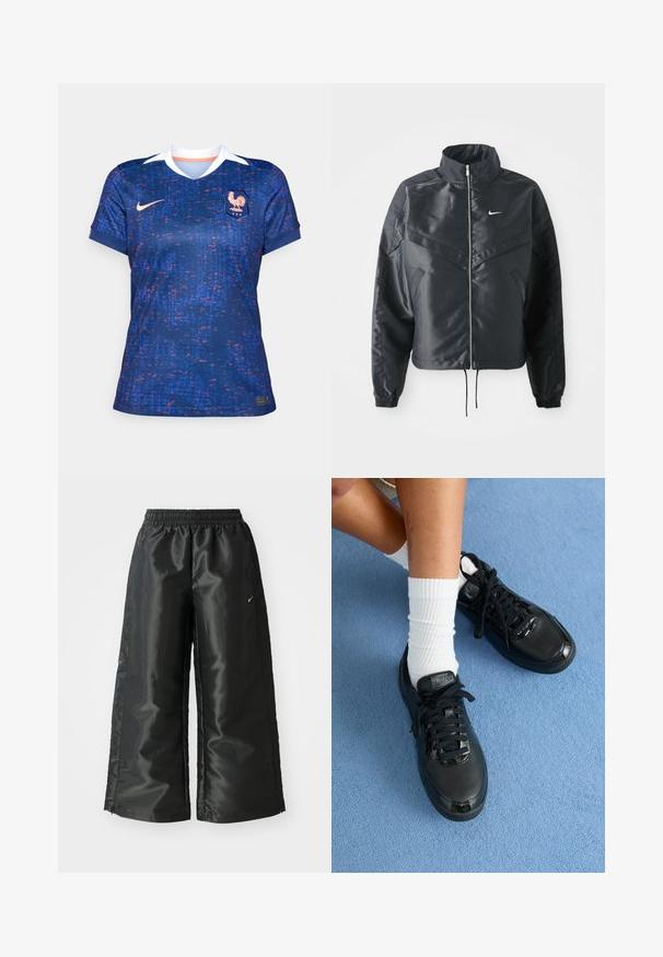 Czarna krótka kurtka z wysokim kołnierzem, zamek błyskawiczny, ściągacze z elastanu i białe logo Nike. Gładki, błyszczący materiał o lekko teksturowanej powierzchni.; Kobiece koszulka piłkarska Nike, niebieska z pikselowym wzorem w kolorze czerwonym i fioletowym, krótki rękaw, dekolt w serek, biały kołnierzyk, z herbem i logo z przodu.; Czarne spodnie sportowe z błyszczącego, gładkiego materiału, z elastycznym paskiem w talii, szerokimi nogawkami i małym logo po lewej stronie.; Czarne sneakersy Nike mają fakturowaną cholewkę, błyszczące akcenty i okrągłe sznurowadła. Są zestawione z białymi skarpetami o żebrowanej strukturze na jasnoniebieskiej powierzchni.