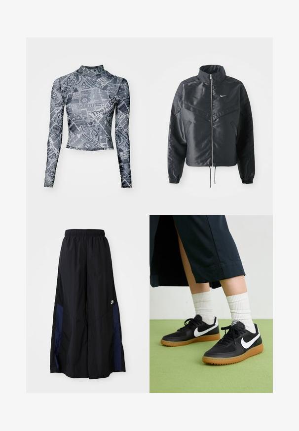 Melna apgriezta jaka ar augstu apkakli, rāvējslēdzēja aizdari, elastīna aprocēm un baltu Nike logo. Gluda, spīdīga auduma ar nedaudz teksturētu virsmu.; HUGO DASORI - Tops ar garām piedurknēm - open miscellaneous; Melni plata kāju bikses no viegla auduma, ar tumši zilu sānu paneli un elastīgu jostu. Mazs balts logotips apakšā.; Melna āda un sintētiska materiāla sporta apavi ar baltu Nike logo, gumijas zole, apaļa purngala forma un melni šņores. Redzamas ribotas baltas zeķes.
