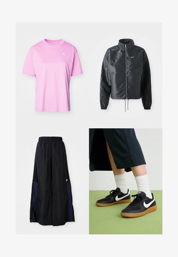Casaco preto curto com colarinho alto, fecho de zip, punhos em elastano e um logótipo Nike branco. Tecido suave e brilhante com uma superfície ligeiramente texturizada.; Jordan TEE - T-shirt básica - orchid; Calças largas pretas feitas de tecido leve, com um painel lateral azul-marinho e cintura elástica. Pequeno logótipo branco na parte inferior.; Sapatilhas pretas em couro e sintético com o logo da Nike em branco, sola de borracha tipo goma, bico redondo e atacadores pretos. Meias brancas com frunces visíveis.