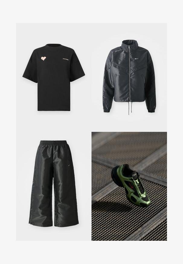 Μαύρο cropped μπουφάν με ψηλό γιακά, κλείσιμο με φερμουάρ, μανσέτες από ελαστάνη και λευκό λογότυπο Nike. Λείο, γυαλιστερό ύφασμα με ελαφρώς υφή.; Μαύρο βαμβακερό μπλουζάκι με κοντά μανίκια και στρογγυλή λαιμόκοψη, διακοσμημένο με σχέδιο ενός ροζ καρδιάς και το κείμενο "PEGAADOR" μπροστά.; Μαύρο αθλητικό παντελόνι με γυαλιστερό, λείο ύφασμα, διαθέτει ελαστική μέση, φαρδιά πόδια και ένα μικρό λογότυπο στην αριστερή πλευρά.; Το sneaker Nike Air Max διαθέτει έναν κομψό σχεδιασμό σε μαύρο και πράσινο χρώμα, κατασκευασμένο από αναπνεύσιμο διχτυωτό υλικό και καουτσούκ, με μια ξεχωριστή σιλουέτα και υφές λεπτομέρειες.