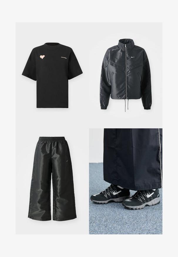 Juoda trumpa striukė su aukštu coloru, užtrauktuku, elastaniniu rankogaliu ir balta Nike logotipu. Lygus, blizgus audinys su šiek tiek tekstūruotu paviršiumi.; Juoda medvilninė marškinėliai trumpomis rankovėmis, apvaliu iškirpimu, su rožiniu širdies piešiniu ir užrašu "PEGAADOR" priekyje.; Juodi sportiniai džinsai su blizgia, lygaus audinio medžiaga, turintys elastingą juosmenį, plačias kojų dalis ir mažą logotipą kairėje pusėje.; Juodi sportiniai bateliai su tekstūruota viršutine dalimi, sidabriniais akcentais ir raštuotu padu, derinami su juoda ilga apranga. Fonas - mėlynas kilimas.