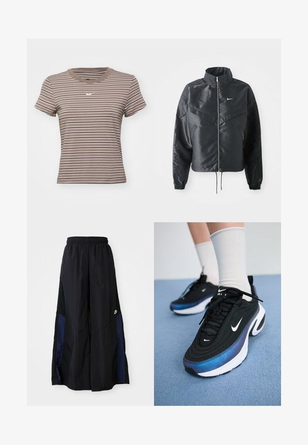 Must kolledžiga must lühike jope, millel on lukuga sulgus, elastne mansett ja valge Nike logo. Sile, läikiv kangas, millel on veidi tekstureeritud pind.; Pruun ja valge triibuline lühikeste varrukatega T-särgid, millel on ümmargune kaelus ja väike valge logo rinnal. Valmistatud pehmest puuvillast materjalist.; Mustad laiad mustad püksid kergest kangast, millel on tumesinine külgpaneel ja elastne vöökoht. Väike valge logo allservas.; Mustad mustad Nike tossud, millel on sujuv kangaste ülemine osa ja gradientne sinine-must disain, valge tallaga ja silmatorkavate logode aktsentidega.