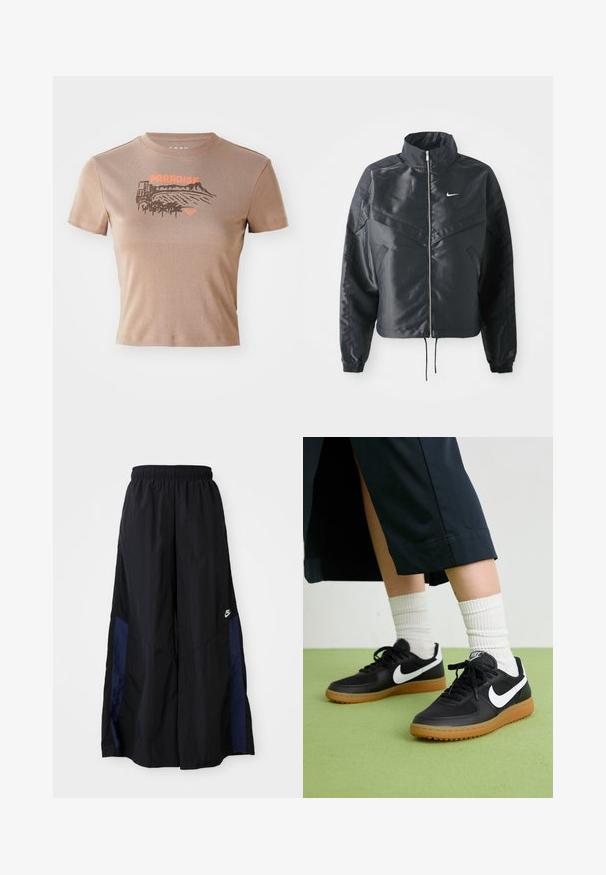 Black cropped jacket with high collar, zip closure, elastane cuffs, and a white Nike logo. Smooth, shiny fabric with a slightly textured surface.; Brown cotton T-shirt, short sleeves, crew neck. Front features "PARADISE" graphic in orange with landscape and palm tree design.; Black wide-leg pants made of lightweight fabric, featuring a navy blue side panel and an elastic waistband. Small white logo on bottom.; Black leather and synthetic sneakers with white Nike swoosh, rubber gum sole, round toe, and black laces. Ribbed white socks visible.