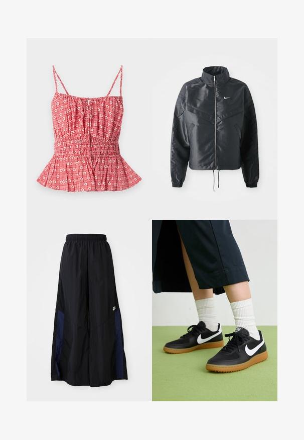 Schwarze, verkürzte Jacke mit hohem Kragen, Reißverschluss, Elastan-Ärmeln und einem weißen Nike-Logo. Glattes, glänzendes Material mit leicht strukturiertem Oberflächeneffekt.; Rotes, gemustertes Top mit dünnen Trägern, Bürzel und Rüschensaum. Floral- und gestreiftes Design auf leichtem Stoff.; Schwarze weit geschnittene Hose aus leichtem Stoff, mit einem dunkelblauen Seitenpanel und einem elastischen Bund. Kleines weißes Logo am unteren Ende.; Schwarze Leder- und synthetische Sneakers mit weißem Nike-Swoosh, Gummisohle, runder Spitze und schwarzen Schnürsenkeln. Gestreifte weiße Socken sind sichtbar.