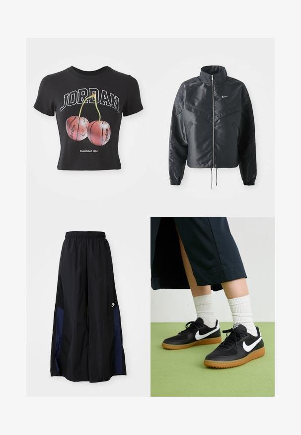 Casaco preto curto com colarinho alto, fecho de zip, punhos em elastano e um logótipo Nike branco. Tecido suave e brilhante com uma superfície ligeiramente texturizada.; T-shirt cropped preto em algodão com "JORDAN" em branco, acompanhada de uma ilustração de duas cerejas vermelhas que se assemelham a bolas de basquete. Detalhes incluem "Estabelecido em 1984."; Calças largas pretas feitas de tecido leve, com um painel lateral azul-marinho e cintura elástica. Pequeno logótipo branco na parte inferior.; Sapatilhas pretas em couro e sintético com o logo da Nike em branco, sola de borracha tipo goma, bico redondo e atacadores pretos. Meias brancas com frunces visíveis.