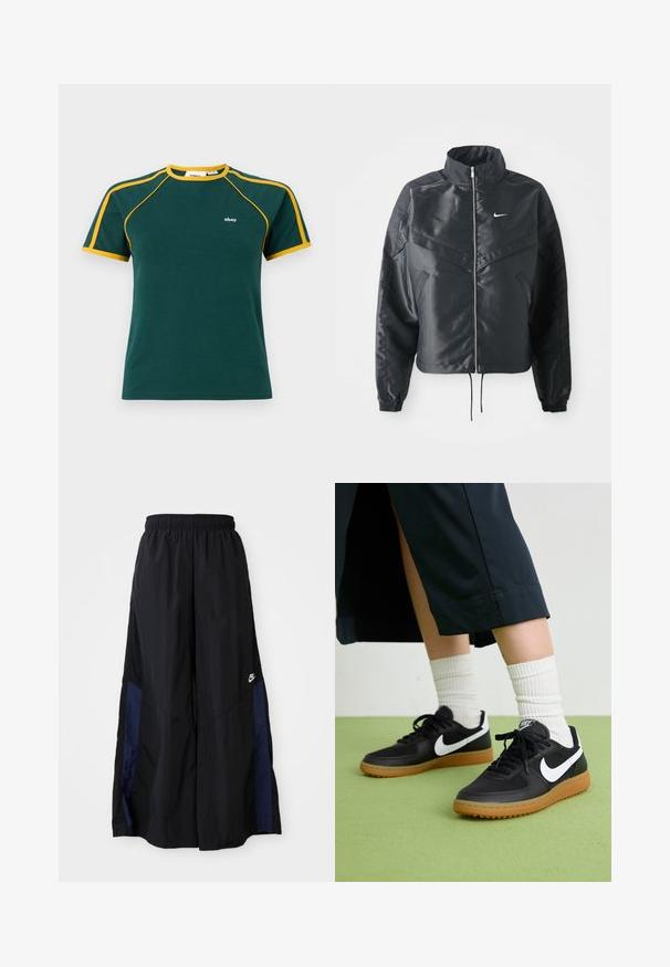 Chaqueta negra corta con cuello alto, cierre de cremallera, puños de elastano y un logo de Nike en blanco. Tejido suave y brillante con una superficie ligeramente texturizada.; Camiseta de algodón verde con detalles amarillos en el cuello y las mangas, con un pequeño logotipo blanco en el pecho y un diseño clásico de cuello redondo.; Pantalones de pierna ancha negros, confeccionados en una tela ligera, con un panel lateral azul marino y una cinturilla elástica. Logotipo blanco pequeño en la parte inferior.; Zapatillas de cuero negro y sintético con el swoosh blanco de Nike, suela de goma, punta redonda y cordones negros. Calcetines blancos acanalados visibles.