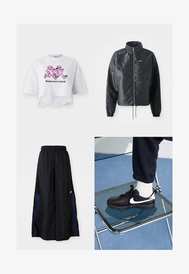 Black cropped jacket with high collar, zip closure, elastane cuffs, and a white Nike logo. Smooth, shiny fabric with a slightly textured surface.; Gray cropped t-shirt made of cotton with short sleeves. Features a pink graphic of two running figures and the text "Runners aren’t normal."; Black wide-leg pants made of lightweight fabric, featuring a navy blue side panel and an elastic waistband. Small white logo on bottom.; Black Nike sneakers with white accents, featuring a smooth leather texture, lace-up design, and rounded toe, positioned on a glass chair.