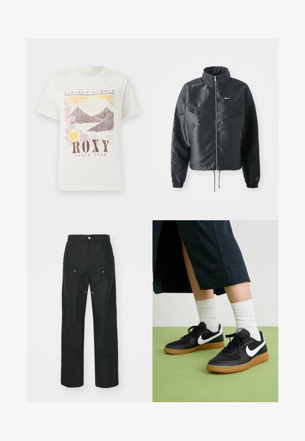 Czarna krótka kurtka z wysokim kołnierzem, zamek błyskawiczny, ściągacze z elastanu i białe logo Nike. Gładki, błyszczący materiał o lekko teksturowanej powierzchni.; Biała bawełniana koszulka z grafiką gór i zachodu słońca w ziemistych odcieniach, z napisem "ROXY" i "ENDLESS SUMMER". Klasyczny krój, krótkie rękawy.; Czarne spodnie o prostym kroju, wykonane z fakturowanej tkaniny. Zawierają dekoracyjne srebrne akcenty oraz unikalne detale szwów.; Czarne skórzane i syntetyczne sneakersy z białym logo Nike, gumową podeszwą, okrągłym noskiem i czarnymi sznurowadłami. Widziane są ribbowane białe skarpetki.