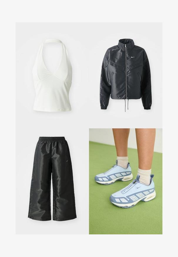 Casaco preto curto com colarinho alto, fecho de zip, punhos em elastano e um logótipo Nike branco. Tecido suave e brilhante com uma superfície ligeiramente texturizada.; Top branco de alças halter com um decote V profundo, feito de um tecido liso e elástico. Apresenta um design ajustado e uma silhueta cropped.; Calças atléticas pretas com um tecido brilhante e suave, apresentando uma cintura elástica, pernas largas e um pequeno logotipo do lado esquerdo.; Sapatos de desporto azul claro com acabamento branco, painéis texturizados e fecho de zíper. Apresentam uma sola com amortecimento visível e sola em borracha.