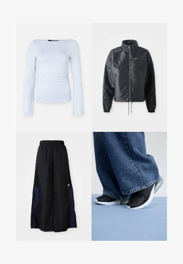 Svart cropped jakke med høy krage, glidelåsåpning, elastiske mansjetter og en hvit Nike-logo. Glatt, shiny stoff med en lett teksturert overflate.; Lys blå langermet topp laget av mykt, elastisk stoff, med båt-hals og rynkede sidetailjer for en kroppsnær silhuett.; Svarte vide bukser laget av lett stoff, med et marineblått sidestykke og elastisk midjebånd. Liten hvit logo nederst.; Svarte joggesko med mesh-detaljer, hvit såle og synlig luftputing, kombinert med blå denim vide jeans.