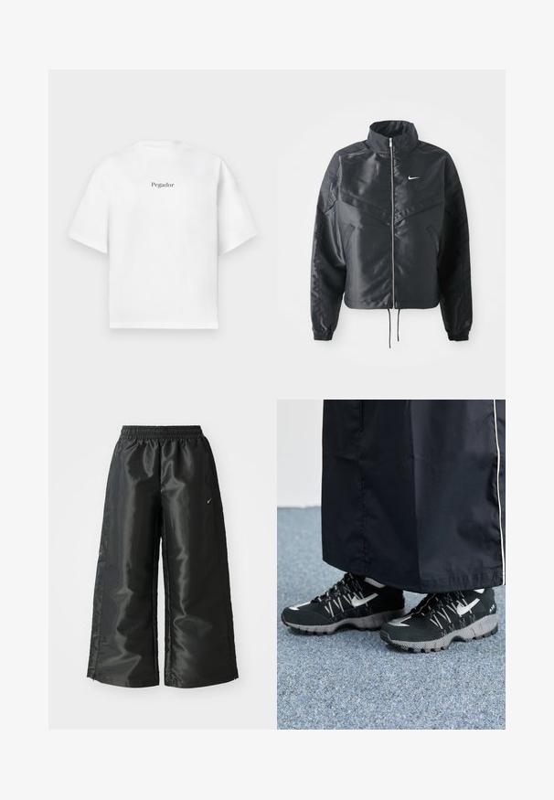 Casaco preto curto com colarinho alto, fecho de zip, punhos em elastano e um logótipo Nike branco. Tecido suave e brilhante com uma superfície ligeiramente texturizada.; T-shirt branca de manga curta feita de algodão, com cuello redondo e uma impressão centralizada em preto da palavra "Pegador" na frente.; Calças atléticas pretas com um tecido brilhante e suave, apresentando uma cintura elástica, pernas largas e um pequeno logotipo do lado esquerdo.; Tênis atléticos pretos com um cabedal texturizado, detalhes prateados e um solado estampado, combinados com uma peça longa preta. Ambientado sobre um tapete azul.