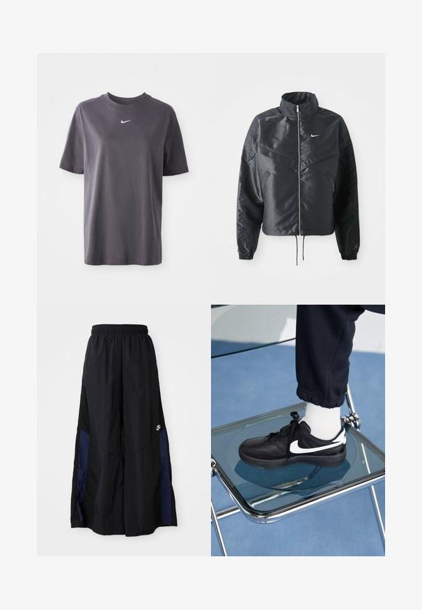 Giacca nera cropped con colletto alto, chiusura a zip, polsini in elastan e logo Nike bianco. Tessuto liscio e lucido con una superficie leggermente texturizzata.; T-shirt corto grigio scuro in cotone morbido, caratterizzato da un piccolo logo Nike swoosh bianco sul petto e un classico colletto a girocollo.; Pantaloni neri a gamba larga realizzati in tessuto leggero, con un pannello laterale blu navy e una cintura elastica. Piccolo logo bianco sul fondo.; Sneakers Nike neri con accenti bianchi, caratterizzati da una superficie in pelle liscia, design con lacci e punta rotonda, posizionati su una sedia di vetro.