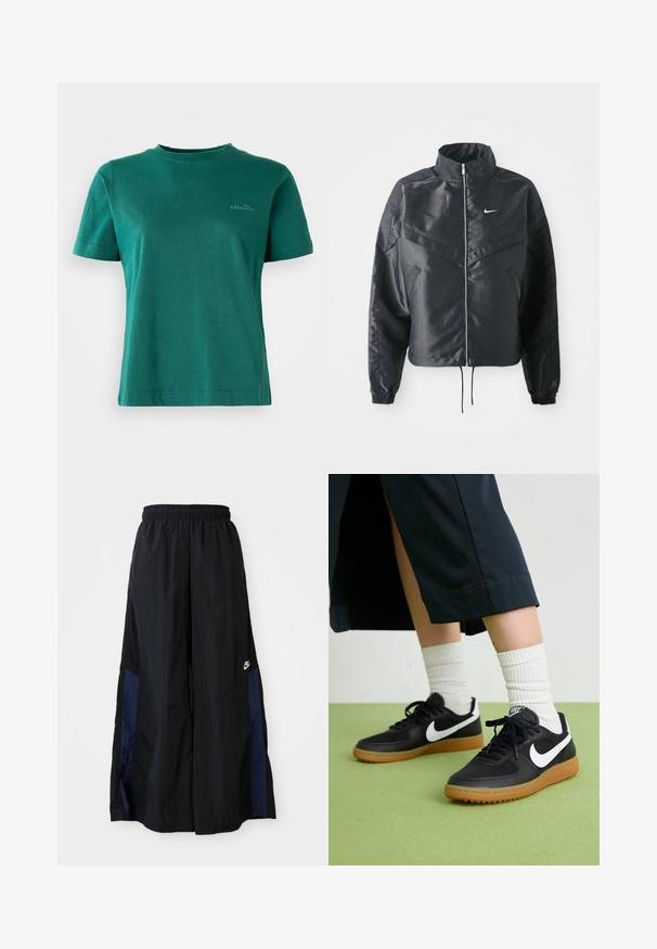 Black cropped jacket with high collar, zip closure, elastane cuffs, and a white Nike logo. Smooth, shiny fabric with a slightly textured surface.; Green short-sleeve t-shirt made of soft fabric with a round neckline and subtle logo accent on the front.; Black wide-leg pants made of lightweight fabric, featuring a navy blue side panel and an elastic waistband. Small white logo on bottom.; Black leather and synthetic sneakers with white Nike swoosh, rubber gum sole, round toe, and black laces. Ribbed white socks visible.