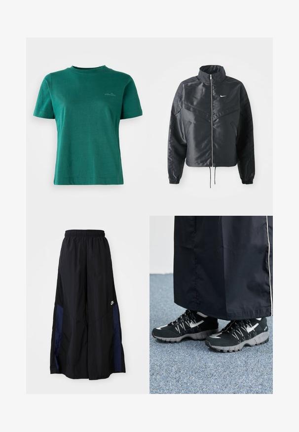 Must kolledžiga must lühike jope, millel on lukuga sulgus, elastne mansett ja valge Nike logo. Sile, läikiv kangas, millel on veidi tekstureeritud pind.; Roheline lühikeste varrukatega T-särk, mis on valmistatud pehmest kangast, ümmarguse kaelusega ja diskreetse logo aktsendiga ees.; Mustad laiad mustad püksid kergest kangast, millel on tumesinine külgpaneel ja elastne vöökoht. Väike valge logo allservas.; Mustad mustrehilised mustad spordijalatsid, millel on tekstuurne pealmine osa, hõbedased aktsendid ja mustriga tallaosad, koos musta pika riietusega. Seatud sinise vaiba taustale.