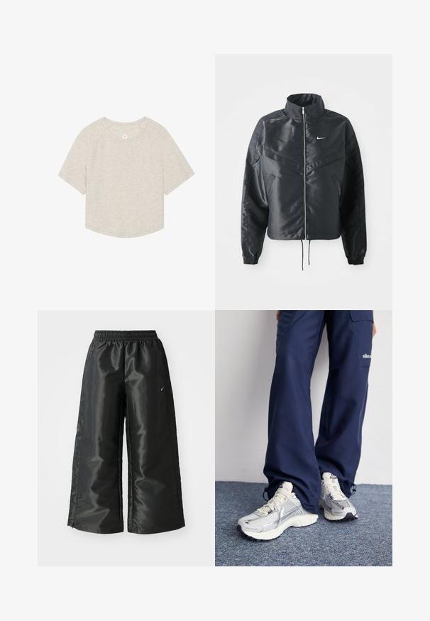 Svart cropped jakke med høy krage, glidelåsåpning, elastiske mansjetter og en hvit Nike-logo. Glatt, shiny stoff med en lett teksturert overflate.; Lys beige avkortet t-skjorte laget av myk stoff, med rund halslinning, korte raglanerm og en liten logo på brystet.; Svarte treningsbukser med en blank, glatt stoff, som har et elastisk liv, vide ben og en liten logo på venstre side.; Nike treningssko med sølvfarget mesh-overdel, hvite detaljer og teksturerte såler, kombinert med løse mørkeblå bukser.