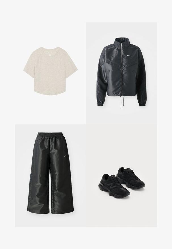 Svart kort jacka med hög krage, dragkedja, ärmslut i elastan och en vit Nike-logotyp. Slät, glänsande tyg med en något strukturerad yta.; Ljusbeige kort t-shirt i mjukt tyg, med rund halsringning, kort raglanärmar och en liten logotyp på bröstet.; Svarta träningsbyxor i ett glänsande, slätt tyg, med en elastisk midja, vida ben och en liten logotyp på vänster sida.; Svarta sportskor med en texturerad ovandel, som har en framträdande "N"-logotyp, vadderad sula och en slank, modern silhuett.