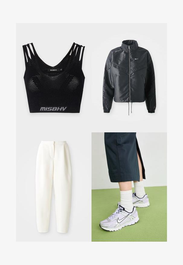 Mustat lyhyet takit, joissa on korkea kaulus, vetoketjukiinnitys, elastaanista valmistetut hihan suut ja valkoinen Nike-logo. Sileä, kiiltävä kangas, jossa on hieman tekstuuria.; Musta lyhyt toppi, jossa on verkkomainen pinta, leveillä olkaimilla ja logonauha alaosassa. Suunniteltu U-muotoisella kaula-aukolla ja tiukalla siluetilla.; Valkoiset korkeavyötäröiset kapenevat housut, joissa on piilovetoketju edessä ja sivutaskut, esiteltynä yksinkertaista valkoista taustaa vasten.; Nike-suosikengät vaalean violetissa sävyssä, hopeisilla yksityiskohdilla, mustalla logolla ja valkoisilla pohjilla. Yhdistettyinä teksturoidun valkoisen nilkkasukat ja tummiin housuihin.