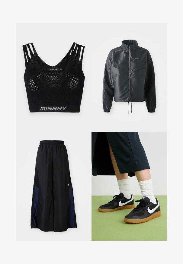 Sort cropped jakke med høj krave, lynlås lukning, elastiske manchetter og et hvidt Nike-logo. Glat, blankt stof med en let struktureret overflade.; Sort crop top med mesh-struktur, udstyret med brede stropper og et logo-bånd i bunden. Designet med en U-formet udskæring og tætsiddende silhuet.; Sorte vide benbukser lavet af letvægtsstof, med et marineblåt sidepanel og en elastisk talje. Lille hvidt logo nederst.; Sorte læder- og syntetiske sneakers med hvid Nike swoosh, gummisål, rund tå og sorte snørebånd. Ribbede hvide sokker synlige.