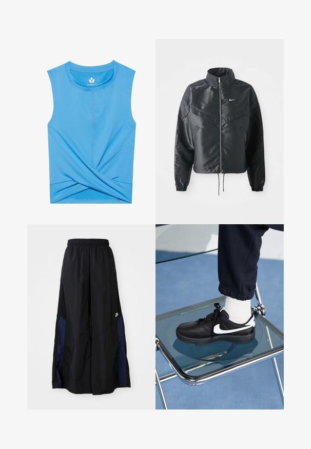Jachetă croppată neagră cu guler înalt, închidere cu fermoar, manșete din elastan și un logo alb Nike. Material neted, lucios, cu o suprafață ușor texturată.; Top bleu fără mâneci, realizat dintr-un material moale, prezintă un design răsucit în partea de jos, decolteu rotund și cusături plate pentru confort.; Pantaloni negri cu croi larg, confecționați dintr-un material ușor, având un panou lateral albastru marin și un brâu elastic. Logo mic alb în partea de jos.; Adidași negri Nike cu accente albe, cu o textură de piele netedă, design cu șireturi și vârf rotunjit, așezați pe un scaun din sticlă.