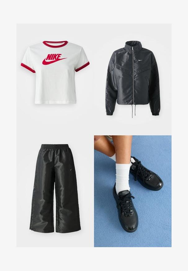 Svart cropped jakke med høy krage, glidelåsåpning, elastiske mansjetter og en hvit Nike-logo. Glatt, shiny stoff med en lett teksturert overflate.; Hvit bomull cropped t-skjorte med rød ribbestrikket krage og ermeender, med en stor rød Nike-logo foran.; Svarte treningsbukser med en blank, glatt stoff, som har et elastisk liv, vide ben og en liten logo på venstre side.; Sorte Nike-sneakers har en teksturert overdel, blanke detaljer og runde skolisser. De er kombinert med hvite ribbede sokker på en lyseblå overflate.