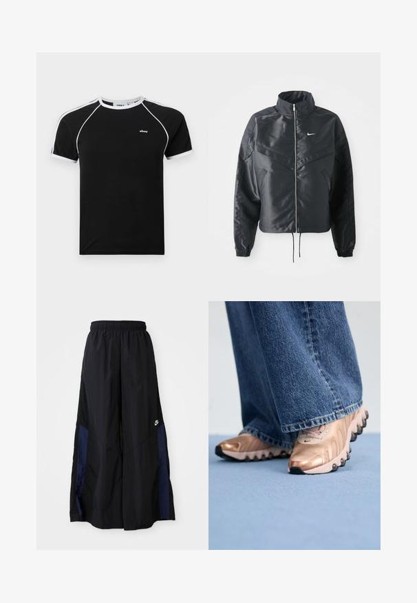 Casaco preto curto com colarinho alto, fecho de zip, punhos em elastano e um logótipo Nike branco. Tecido suave e brilhante com uma superfície ligeiramente texturizada.; T-shirt preta com destaques brancos, apresentando um decote redondo, mangas raglan curtas e um pequeno logotipo no peito. Feita de tecido macio.; Calças largas pretas feitas de tecido leve, com um painel lateral azul-marinho e cintura elástica. Pequeno logótipo branco na parte inferior.; Sapatilhas com um material superior em rosa dourado metálico e design texturizado, com solas de borracha preta. Combinadas com jeans de ganga azul de pernas largas.