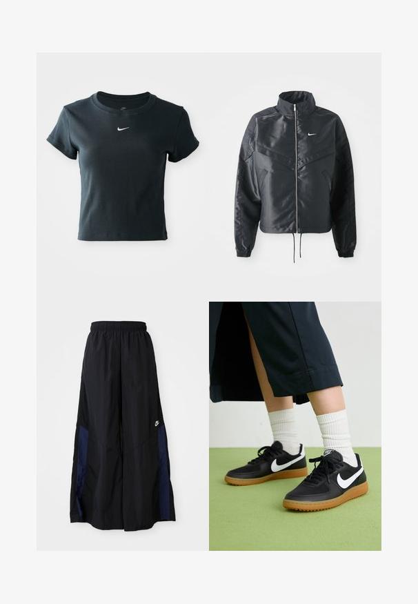 Černá zkrácená bunda s vysokým límcem, zipovým zapínáním, elastickými manžetami a bílým logem Nike. Hladká, lesklá látka s mírně strukturovaným povrchem.; Krátký rukáv, zkrácený černý žebrovaný tričko vyrobené z měkkého materiálu, s malým bílým logem Nike na hrudi.; Černé kalhoty širokého střihu vyrobené z lehkého materiálu, s námořnickou modrou bočním panelem a elastickým pasem. Malé bílé logo na spodní části.; Černé kožené a syntetické tenisky s bílým logem Nike, gumovou podrážkou, kulatou špičkou a černými tkaničkami. Viditelné žebrované bílé ponožky.