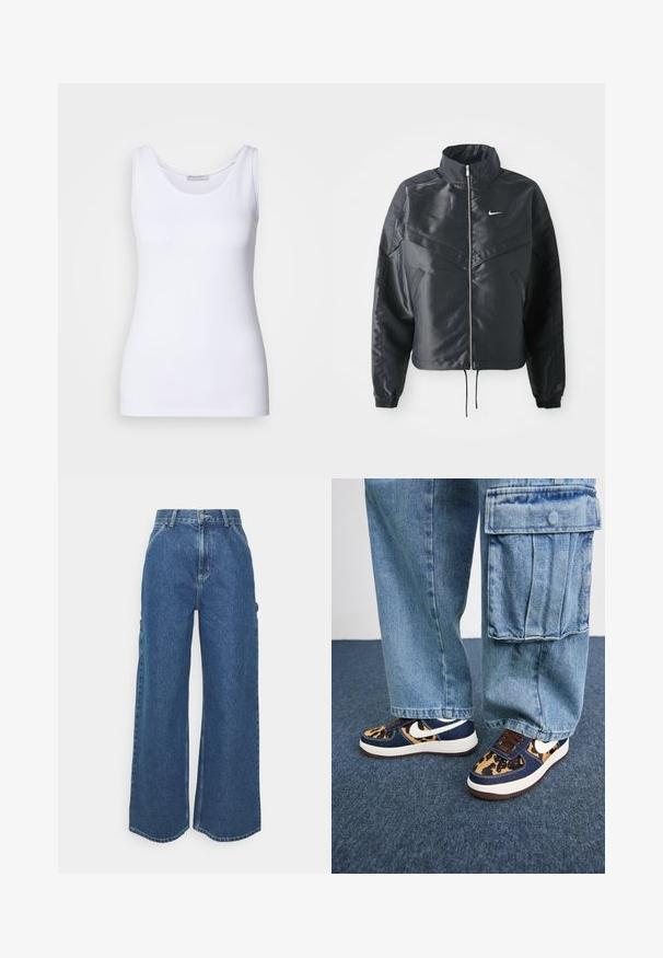 Fekete, rövidített dzseki magas gallérral, cipzáras záródással, elasztikus mandzsettákkal, és fehér Nike logóval. Simább, fényes anyag, enyhén textúrázott felülettel.; Fehér ujjatlan felső sima, rugalmas anyagból készült. Kerek nyakkivágása és széles pántjai vannak. Az alja éppen a derék alatt helyezkedik el. Nincsenek minták vagy díszítések.; Széles szárú, kék farmernadrág magas derékkal, kontrasztos varrással és oldalsó zsebekkel, klasszikus öt zsebes kialakítással és nyers szegéllyel.; Tengerészes kék sportcipő leopárdmintás részletekkel, fehér Nike logóval, barna fűzőkkel és fehér középtalppal. Világoskék farmer térdnadrággal párosítva.