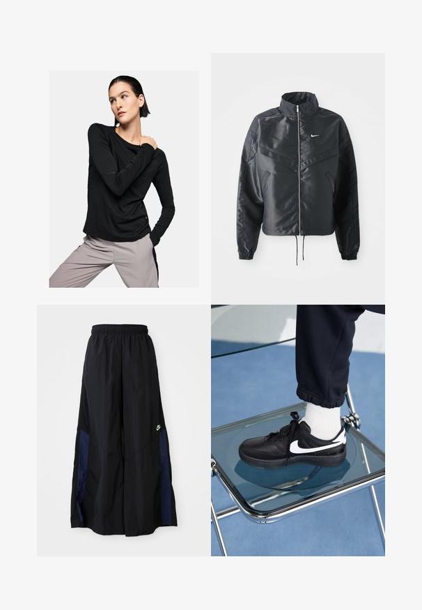 Schwarze, verkürzte Jacke mit hohem Kragen, Reißverschluss, Elastan-Ärmeln und einem weißen Nike-Logo. Glattes, glänzendes Material mit leicht strukturiertem Oberflächeneffekt.; Schwarzes Langarmshirt aus weichem Stoff mit rundem Ausschnitt und taillierter Silhouette, kombiniert mit hellgrauen Hosen.; Schwarze weit geschnittene Hose aus leichtem Stoff, mit einem dunkelblauen Seitenpanel und einem elastischen Bund. Kleines weißes Logo am unteren Ende.; Schwarze Nike-Sneaker mit weißen Akzenten, die über eine glatte Ledertextur, ein Schnürdesign und eine abgerundete Zehenform verfügen, platziert auf einem Glasstuhl.
