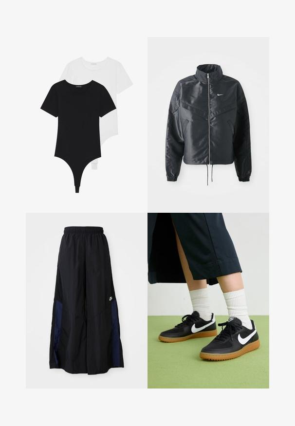 Crna kratka jakna s visokim ovratnikom, zatvaranjem na patentni zatvarač, elastinim rukavima i bijelim Nike logom. Glatka, sjajna tkanina s lagano teksturiranom površinom.; Crne i bijele body majice kratkih rukava s okruglim izrezima i tangama, izrađene od glatke, rastezljive tkanine.; Crne hlače širokih nogavica izrađene od lagane tkanine, sa tamnoplavim bočnim panelom i elastičnom stražnjom trakom. Mali bijeli logo je na dnu.; Crne kožne i sintetičke tenisice s bijelim Nike swooshom, gumeni potplat, okrugli vrh i crne vezice. Vidljive rebraste bijele čarape.