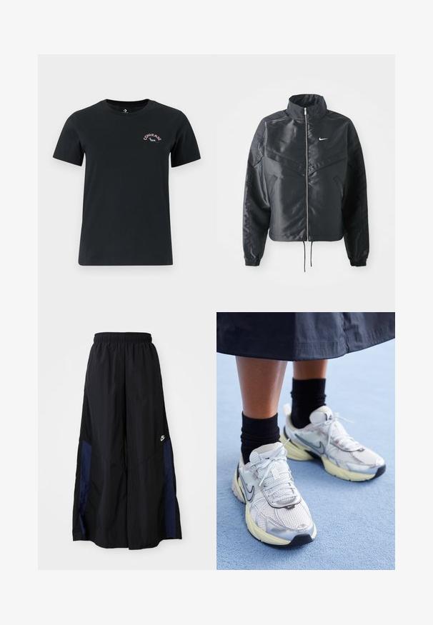 Svart cropped jakke med høy krage, glidelåsåpning, elastiske mansjetter og en hvit Nike-logo. Glatt, shiny stoff med en lett teksturert overflate.; Svart kortermet t-skjorte laget av bomull. Har rund hals og en liten, fargerik "Converse" logo på øvre venstre bryst.; Svarte vide bukser laget av lett stoff, med et marineblått sidestykke og elastisk midjebånd. Liten hvit logo nederst.; Hvite og sølv Nike-sneakers med mesh-stoff, reflekterende detaljer, og en beige såle. Brukt med svarte sokker, stående på en blå overflate.