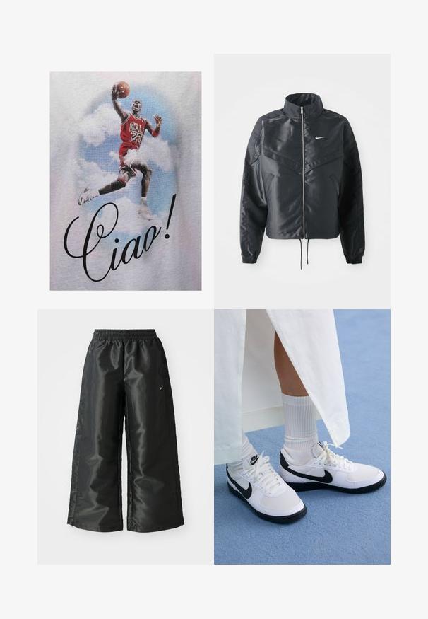 Casaco preto curto com colarinho alto, fecho de zip, punhos em elastano e um logótipo Nike branco. Tecido suave e brilhante com uma superfície ligeiramente texturizada.; T-shirt gráfico vermelho com um jogador de basquetebol a saltar, vestido com uma camisola dos Bulls, com "Ciao!" impresso em cursivo preto. O fundo apresenta nuvens.; Calças atléticas pretas com um tecido brilhante e suave, apresentando uma cintura elástica, pernas largas e um pequeno logotipo do lado esquerdo.; Ténis brancos da Nike com detalhes pretos, apresentando um cabedal em pele lisa, atacadores brancos e solas de borracha resistentes, combinados com meias brancas com textura ribada.