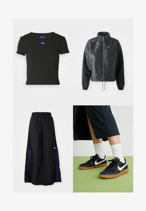 Melna apgriezta jaka ar augstu apkakli, rāvējslēdzēja aizdari, elastīna aprocēm un baltu Nike logo. Gluda, spīdīga auduma ar nedaudz teksturētu virsmu.; Melnas kokvilnas T-krekls ar pieguļošu dizainu, īsām piedurknēm un apaļu kakla izgriezumu. Uz krūtīm ir zils taisnstūra logotipa uzlīme.; Melni plata kāju bikses no viegla auduma, ar tumši zilu sānu paneli un elastīgu jostu. Mazs balts logotips apakšā.; Melna āda un sintētiska materiāla sporta apavi ar baltu Nike logo, gumijas zole, apaļa purngala forma un melni šņores. Redzamas ribotas baltas zeķes.