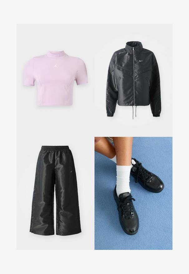 Črna skrajšana jakna z visokim ovratnikom, zadrgo, elastan rokavi in belim logotipom Nike. Gladek, sijoč material z rahlo teksturirano površino.; Kratka majica s kratkimi rokavi v svetlo vijolični barvi, izdelana iz raztegljive tkanine. Ima lažni ovratnik in bel logo na prsih. Gladka tekstura.; Črne atletske hlače iz sijočega, gladkega blaga, z elastiko v pasu, širokimi nogami in majhnim logotipom na levi strani.; Črne Nike športne copate odlikuje teksturirana površina, sijoči detajli in okrogli vezalke. Ujemajo se z belimi rebrastimi nogavicami na svetlo modri podlagi.