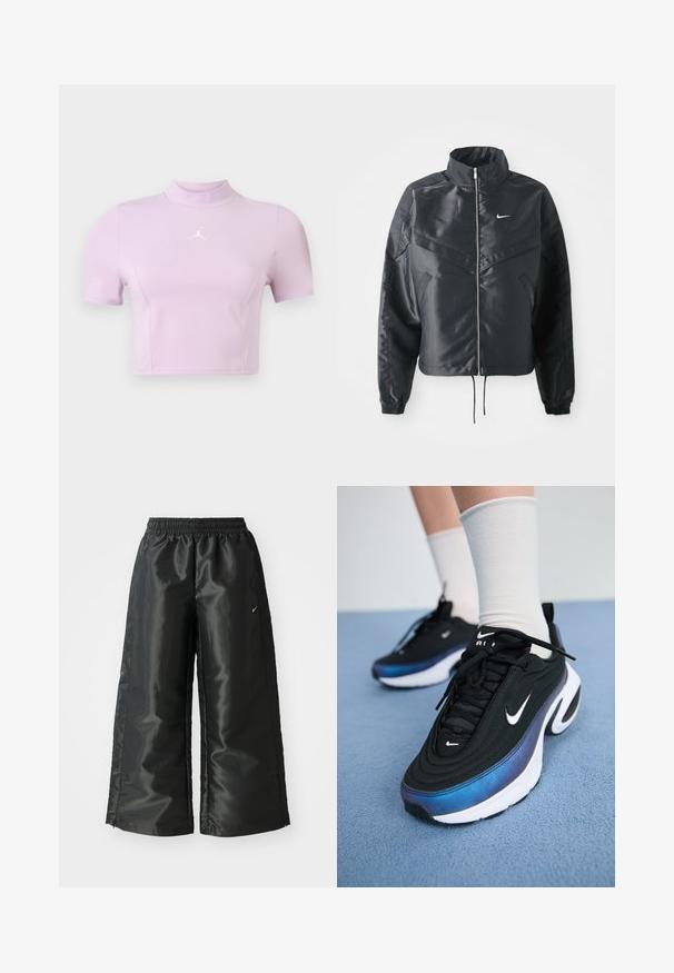 Chaqueta negra corta con cuello alto, cierre de cremallera, puños de elastano y un logo de Nike en blanco. Tejido suave y brillante con una superficie ligeramente texturizada.; Top corto de manga corta en morado claro, hecho de un tejido elástico. Presenta un cuello alto y un logo blanco en el pecho. Textura suave.; Pantalones deportivos negros de tejido brillante y suave, con una cinturilla elástica, pierna ancha y un pequeño logo en el lado izquierdo.; Zapatillas Nike negras con un upper de tejido suave, que presentan un diseño en degradado de azul a negro, suela blanca y acentos de logotipo prominentes.