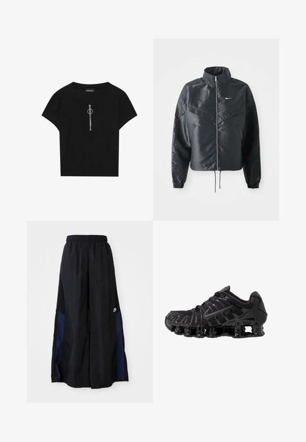 Svart cropped jakke med høy krage, glidelåsåpning, elastiske mansjetter og en hvit Nike-logo. Glatt, shiny stoff med en lett teksturert overflate.; Svart ribbet kortermet topp med rund halsringning og frontglidelås med metallring som trekker, laget av et teksturert stoff.; Svarte vide bukser laget av lett stoff, med et marineblått sidestykke og elastisk midjebånd. Liten hvit logo nederst.; Sorte joggesko med mesh-overdel og glansfulle detaljer. Har buet fjæringssystem og teksturerte linjer på siden. Nike-logoen er synlig.