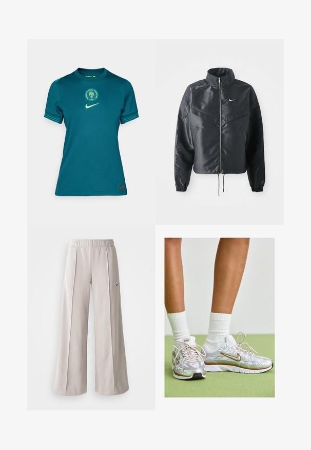 Juoda trumpa striukė su aukštu coloru, užtrauktuku, elastaniniu rankogaliu ir balta Nike logotipu. Lygus, blizgus audinys su šiek tiek tekstūruotu paviršiumi.; Mėlynas Nike futbolo marškinėliai su apvaliu iškirpimu, trumparankoviai, žali akcentai ir apskritas Naijeros futbolo federacijos logotipas.; Šviesiai pilki plačių kojų kelnės, pagamintos iš lygaus audinio. Turi elastingą juosmenį ir juodą Nike logotipą kairėje pusėje.; Sidabriniai sportiniai bateliai su baltais ir auksiniais akcentais, turintys šniūrinę viršutinę dalį, guminiu padu ir atspindinčią apdailą. Kojinės matomos virš kulkšnies.