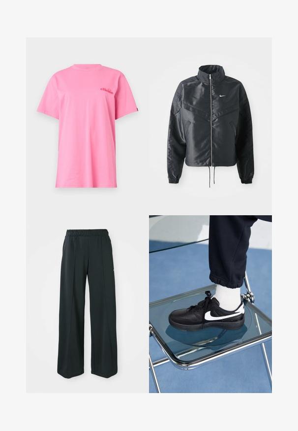 Black cropped jacket with high collar, zip closure, elastane cuffs, and a white Nike logo. Smooth, shiny fabric with a slightly textured surface.; Pink cotton T-shirt with short sleeves, a round neckline, and a small red logo on the chest. Soft texture and relaxed fit.; Black, wide-leg athletic pants with an elastic waistband. Made from smooth, stretchy fabric, featuring subtle front seams and no pockets.; Black Nike sneakers with white accents, featuring a smooth leather texture, lace-up design, and rounded toe, positioned on a glass chair.