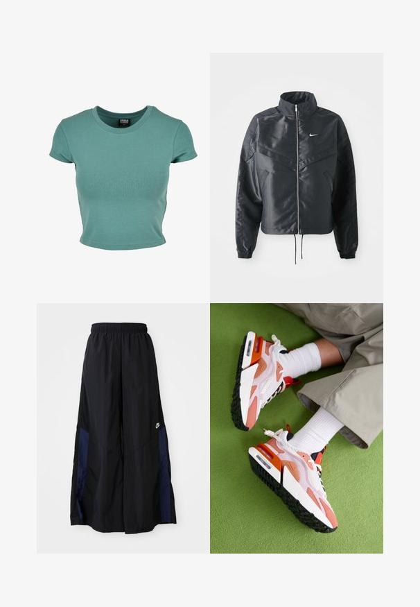 Fekete, rövidített dzseki magas gallérral, cipzáras záródással, elasztikus mandzsettákkal, és fehér Nike logóval. Simább, fényes anyag, enyhén textúrázott felülettel.; Rövid ujjú, kerek nyakú póló téglaszínű, puha pamut anyagból, testhezálló kialakítással és hemzsebelésekkel.; Fekete, bő szárú nadrág könnyű anyagból, tengerészkék oldalsó panellel és elasztikus derékkal. Kicsi fehér logó az alján.; Nike Sportswear AIR MAX FURYOSA NRG - Sportcipő - sail/black/phantom/platinum violet/terra blush/cosmic clay