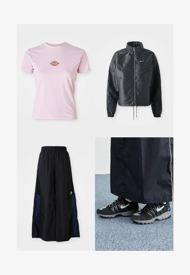 Black cropped jacket with high collar, zip closure, elastane cuffs, and a white Nike logo. Smooth, shiny fabric with a slightly textured surface.; Pink cotton t-shirt with short sleeves, round neckline, and a small circular logo featuring red, yellow, and blue colors on the chest.; Black wide-leg pants made of lightweight fabric, featuring a navy blue side panel and an elastic waistband. Small white logo on bottom.; Black athletic shoes with a textured upper, silver accents, and a patterned outsole, paired with a black long garment. Set against blue carpet.