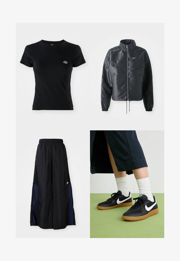 Černá zkrácená bunda s vysokým límcem, zipovým zapínáním, elastickými manžetami a bílým logem Nike. Hladká, lesklá látka s mírně strukturovaným povrchem.; Černé žebrované tričko s kulatým výstřihem a krátkými rukávy, s malým vyšívaným logem na levé straně hrudi.; Černé kalhoty širokého střihu vyrobené z lehkého materiálu, s námořnickou modrou bočním panelem a elastickým pasem. Malé bílé logo na spodní části.; Černé kožené a syntetické tenisky s bílým logem Nike, gumovou podrážkou, kulatou špičkou a černými tkaničkami. Viditelné žebrované bílé ponožky.