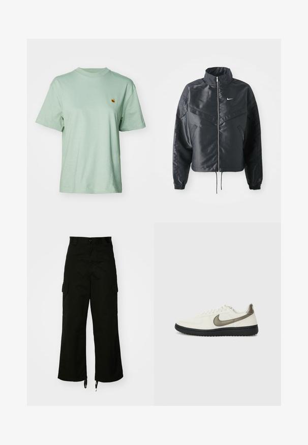 Schwarze, verkürzte Jacke mit hohem Kragen, Reißverschluss, Elastan-Ärmeln und einem weißen Nike-Logo. Glattes, glänzendes Material mit leicht strukturiertem Oberflächeneffekt.; Mintgrünes Baumwoll-T-Shirt mit Rundhalsausschnitt, kurzen Ärmeln und kleinem gesticktem Logo auf der Brust. Weicher Griff und lässige Passform.; Schwarze Cargo-Hosen aus Baumwolle mit weitem Bein, seitlichen Taschen und Kordelzügen am Saum. Das Design umfasst einen Knopfverschluss an der Taille.; Nike Sportswear FIELD GENERAL - Sneaker low - off-white/black