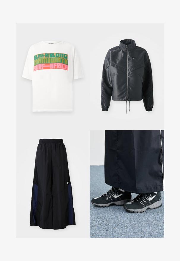 Black cropped jacket with high collar, zip closure, elastane cuffs, and a white Nike logo. Smooth, shiny fabric with a slightly textured surface.; White short-sleeve t-shirt with retro block text reading "BILLABONG MAMIWATA SURF AFRICA" in orange, green, and pink.; Black wide-leg pants made of lightweight fabric, featuring a navy blue side panel and an elastic waistband. Small white logo on bottom.; Black athletic shoes with a textured upper, silver accents, and a patterned outsole, paired with a black long garment. Set against blue carpet.