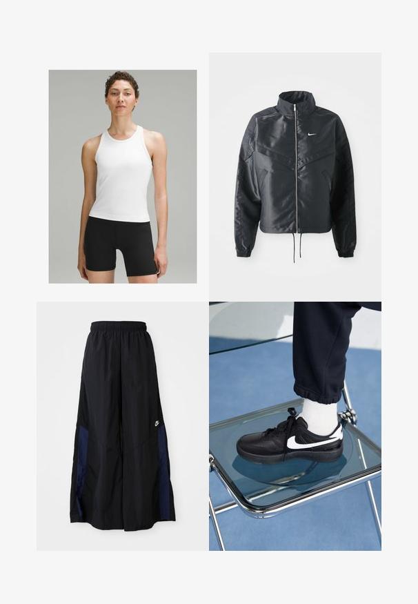 Schwarze, verkürzte Jacke mit hohem Kragen, Reißverschluss, Elastan-Ärmeln und einem weißen Nike-Logo. Glattes, glänzendes Material mit leicht strukturiertem Oberflächeneffekt.; Weißes sportliches Tanktop mit rundem Ausschnitt und breiten Trägern, kombiniert mit schwarzen figurbetonten Shorts. Glatter Stoff mit minimalen Nähten.; Schwarze weit geschnittene Hose aus leichtem Stoff, mit einem dunkelblauen Seitenpanel und einem elastischen Bund. Kleines weißes Logo am unteren Ende.; Schwarze Nike-Sneaker mit weißen Akzenten, die über eine glatte Ledertextur, ein Schnürdesign und eine abgerundete Zehenform verfügen, platziert auf einem Glasstuhl.