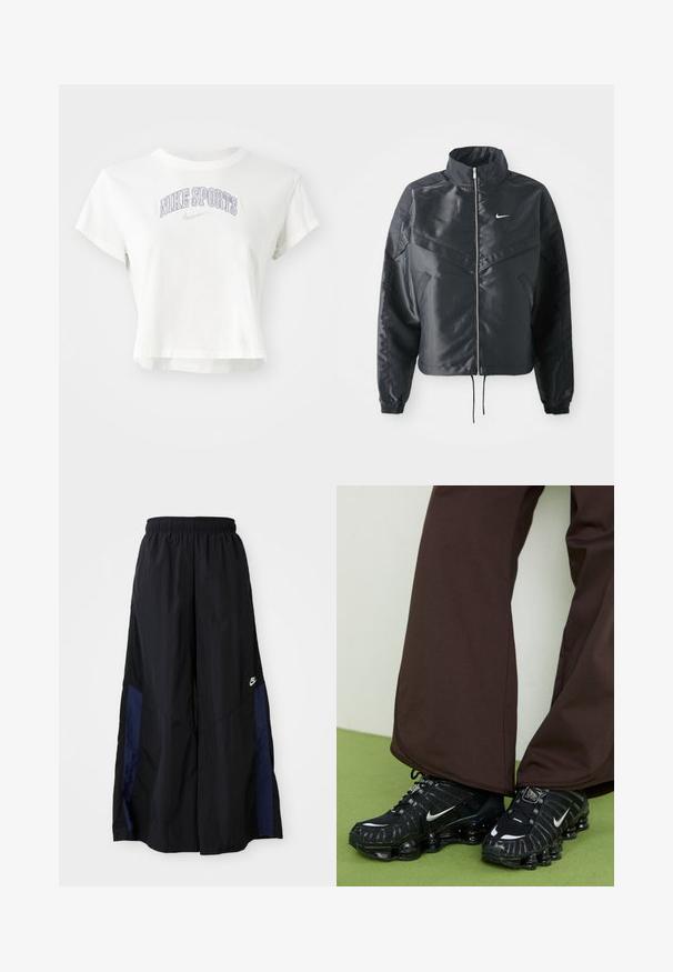 Sort cropped jakke med høj krave, lynlås lukning, elastiske manchetter og et hvidt Nike-logo. Glat, blankt stof med en let struktureret overflade.; Hvid cropped t-shirt lavet af bomuld, med "NIKE SPORTS" i lilla broderi og et lille Nike-logo. Korte ærmer og rund halsudskæring.; Sorte vide benbukser lavet af letvægtsstof, med et marineblåt sidepanel og en elastisk talje. Lille hvidt logo nederst.; Sorte Nike sneakers med en struktureret overdel, reflekterende detaljer og en kraftig sål, parret med brune brede bukser på et grønt gulv.