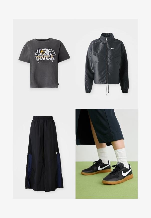 Crna kratka jakna s visokim ovratnikom, zatvaranjem na patentni zatvarač, elastinim rukavima i bijelim Nike logom. Glatka, sjajna tkanina s lagano teksturiranom površinom.; Siva pamučna majica s kratkim rukavima koja sadrži grafiku orla i kvadratne zastave. Dizajn uključuje tekst "RVCA" i slogan ispod.; Crne hlače širokih nogavica izrađene od lagane tkanine, sa tamnoplavim bočnim panelom i elastičnom stražnjom trakom. Mali bijeli logo je na dnu.; Crne kožne i sintetičke tenisice s bijelim Nike swooshom, gumeni potplat, okrugli vrh i crne vezice. Vidljive rebraste bijele čarape.